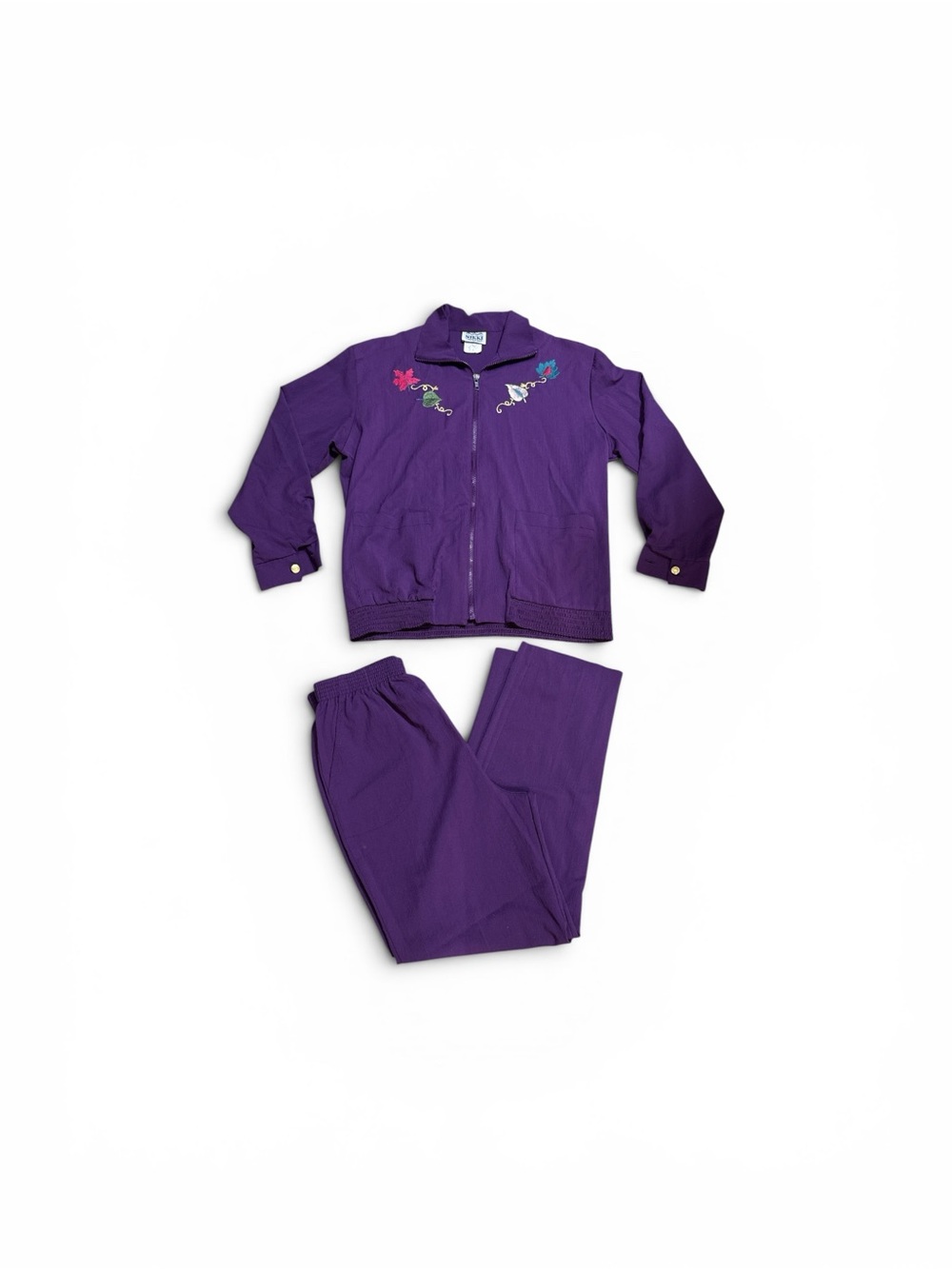 Vintage 80s Nikki Purple Embroidered Leaf Crinkle 2 Piece Pant Set Womens Medium